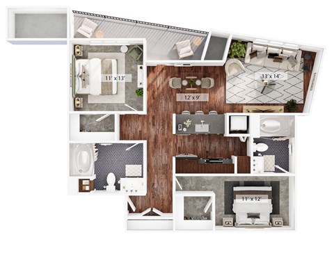 Floor plan for 2 beds, 2 baths, 1291 sqft